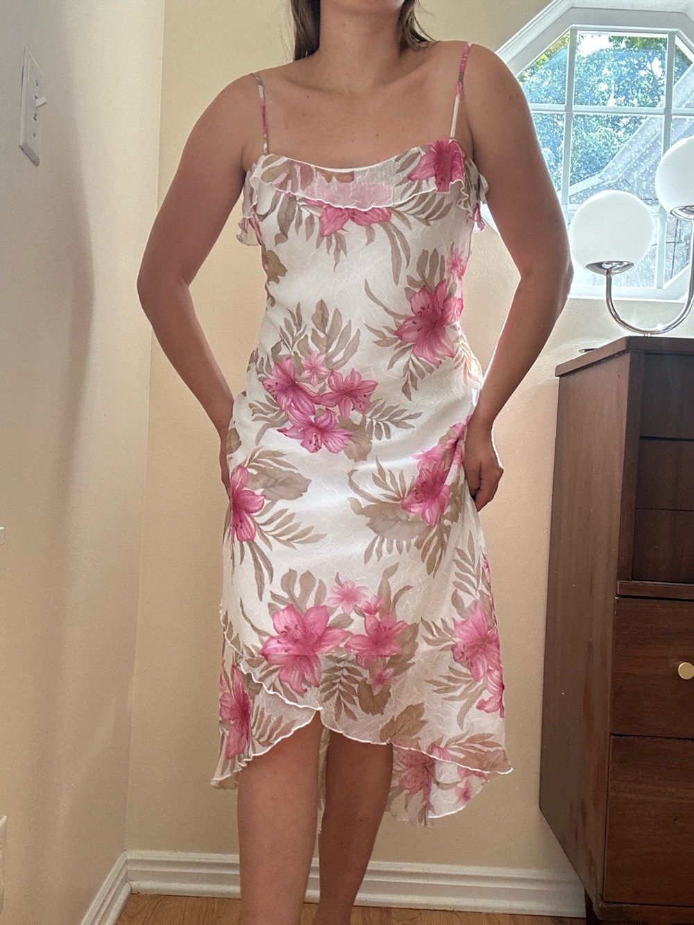 Vintage Pink Floral Slip Midi Dress on Cream